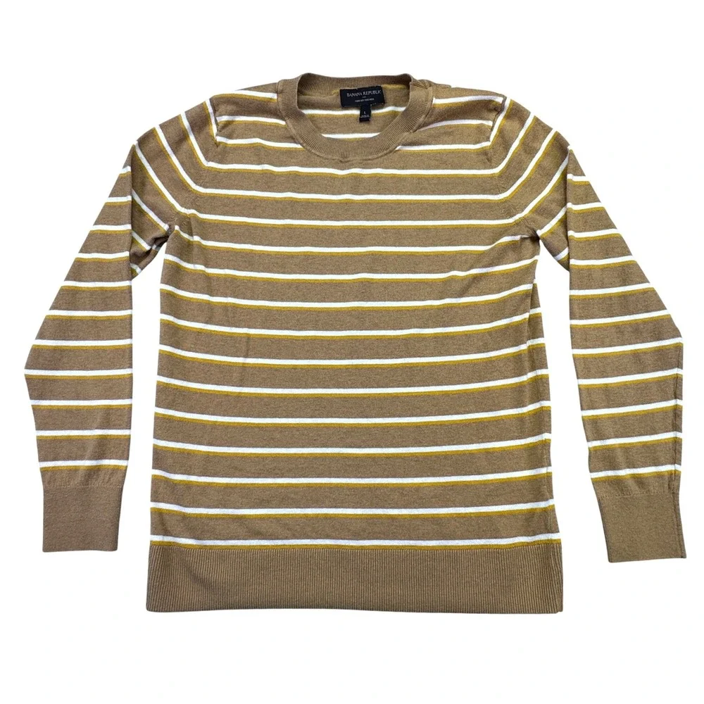 Banana Republic‎ Sweater Men's Large Striped Crew Neck Brown White Long Sleeve